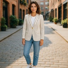 GANT Blazer Dritto In Lino Striato Donna EU38 Bianco Off Lino Misto Rever