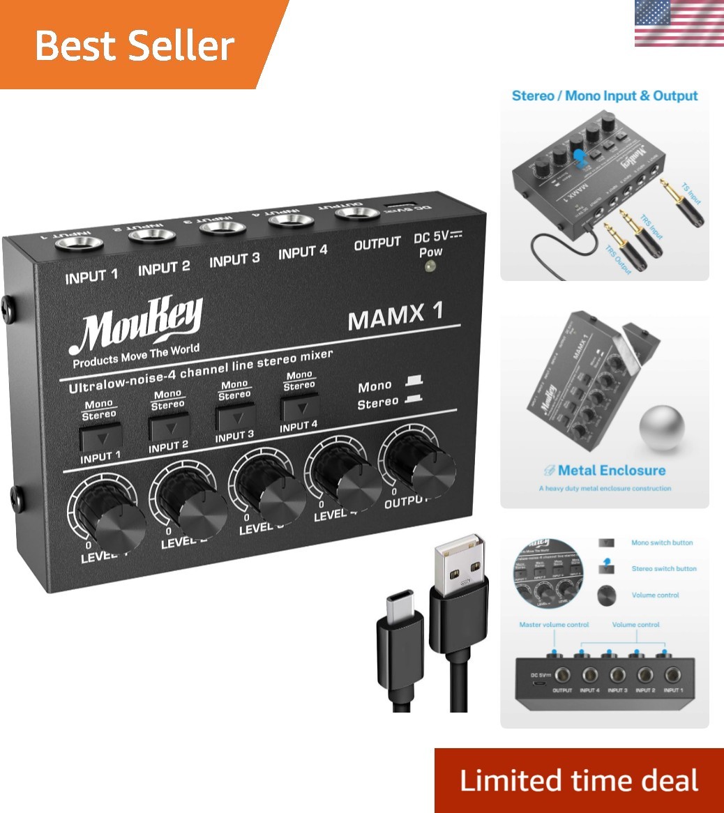 Mini Audio Mixer, DC 5V, 4 Stereo Ultra, Low Noise 4 Channel Line Mixer for S...