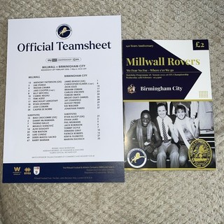 Millwall V Birmingham Home Programme & Team Sheet 2025/26 Wed 25th February