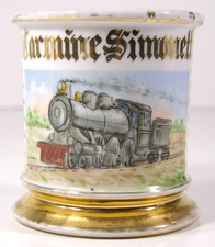 c1900 HAND PAINTED RAILROAD ENGINEER OCCUPATIONAL SHAVING MUG - LOCOMOTIVE TRAIN