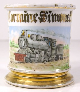 c1900 HAND PAINTED RAILROAD ENGINEER OCCUPATIONAL SHAVING MUG LOCOMOTIVE TRAIN