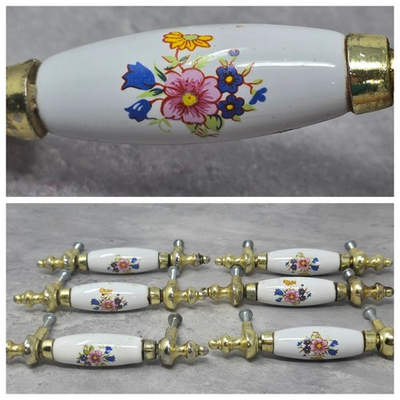 #ad 6 Pack 3 inch Centers Pink Blue Yellow Flower Ceramic Drawer Pull Brass $35.00