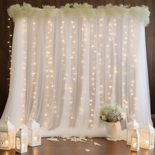 White Backdrop Curtains With String Lights Sheer Tulle Wedding Drapes 10x8 Ft