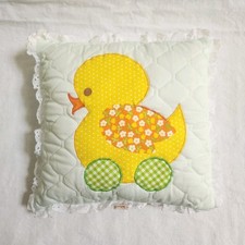 Vintage Patchwork Duck Nursery Throw Pillow Quilted Duckling Lace Ruffles 70s