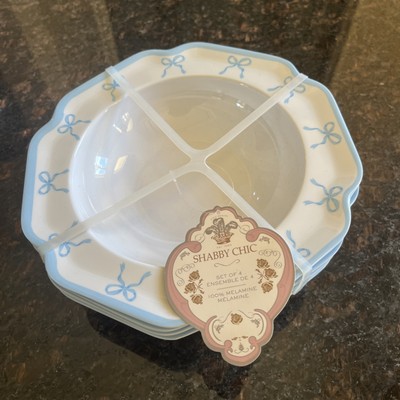 Shabby Chic Melamine 10  Large Pasta Bowls Country Cottage Blue Trim Set Of 4