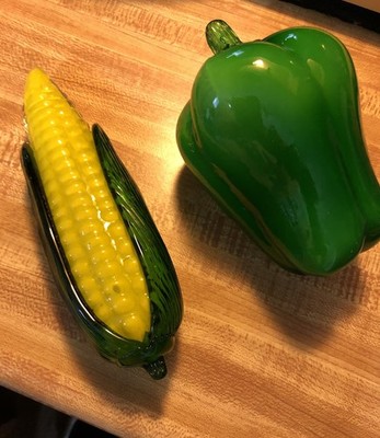 Hand Blown Glass Art Murano Style Green Bell Pepper & Ear of Corn