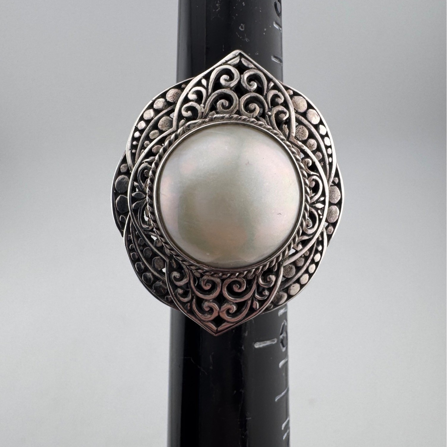 Ornate 925 Silver Statement Ring with Large Iride… - image 1