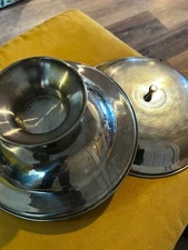 Vintage Serving Dish 7¼" Pedestal Base and Lid HIMARK Stainless Steel Set Of 2