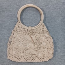 Vintage Handbag Tote Macrame 70s 80s Ivory Knotted Cord Boho Double Handle