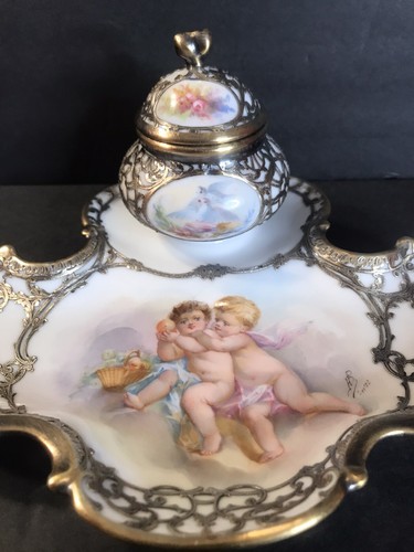 Antique Sevres porcelain inkwell/Silver Overlay/Signed/3 miniature/France/Desk - Picture 2 of 12