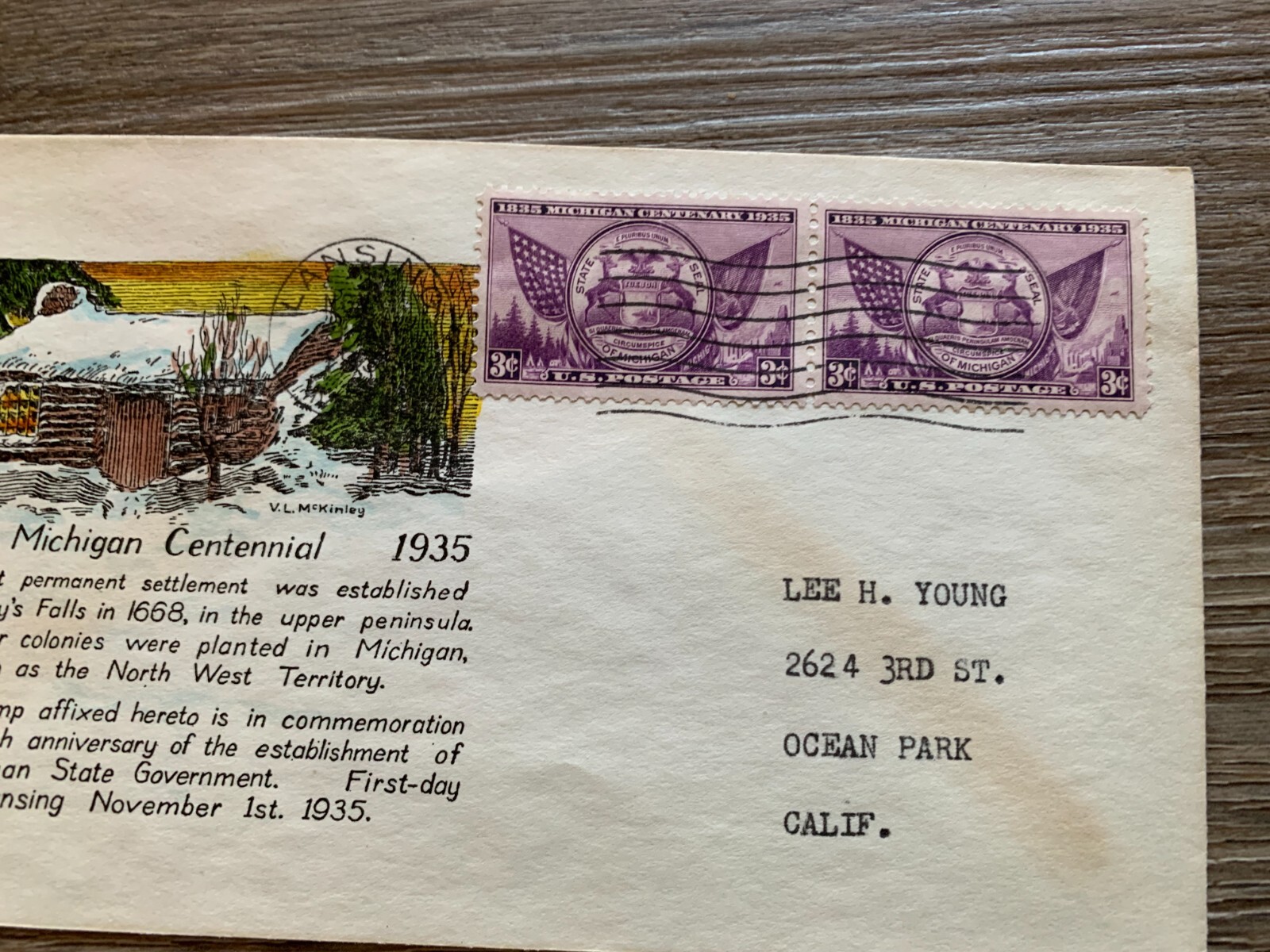 18351935 MICHIGAN CENTENNIAL FIRST DAY OF ISSUE POSTAL COVER STAMP