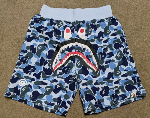 NWT~Men's BAPE Shark Shorts A BATHING APE Blue Camo 100% Cotton LG