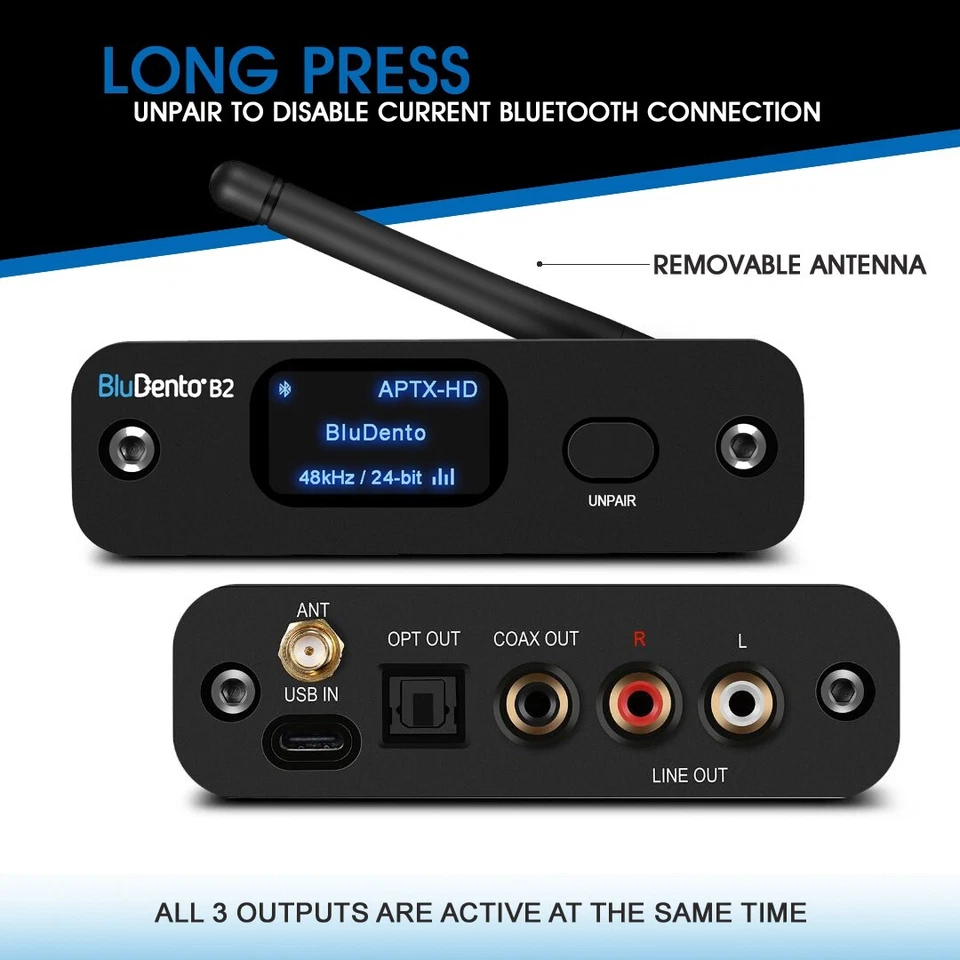 BluDento B2 True Hi-Fi aptX HD LDAC Bluetooth Audio Receiver Toslink Coaxial - Image 4 of 4