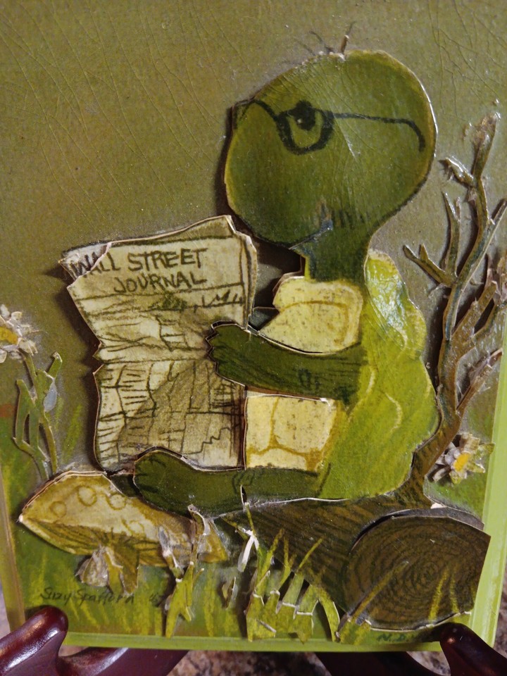 Suzy Spafford Decoupage Art 1967 Turtle Reading Wall Street Journal