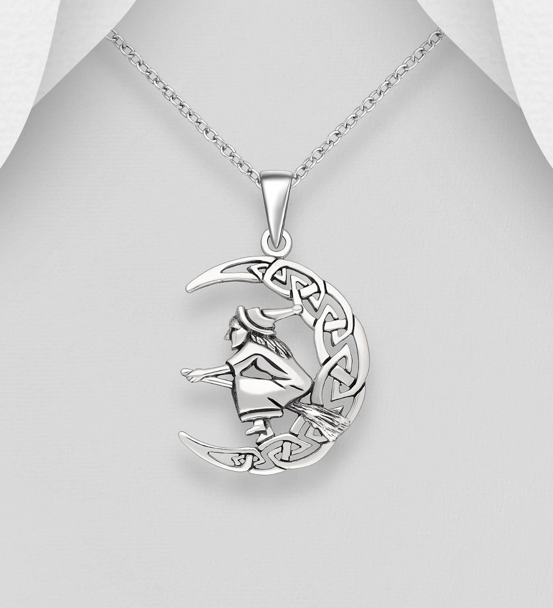 Pendant Hallmark 925 Sterling Silver Celtic Moon Witch on Broom Magic Symbol