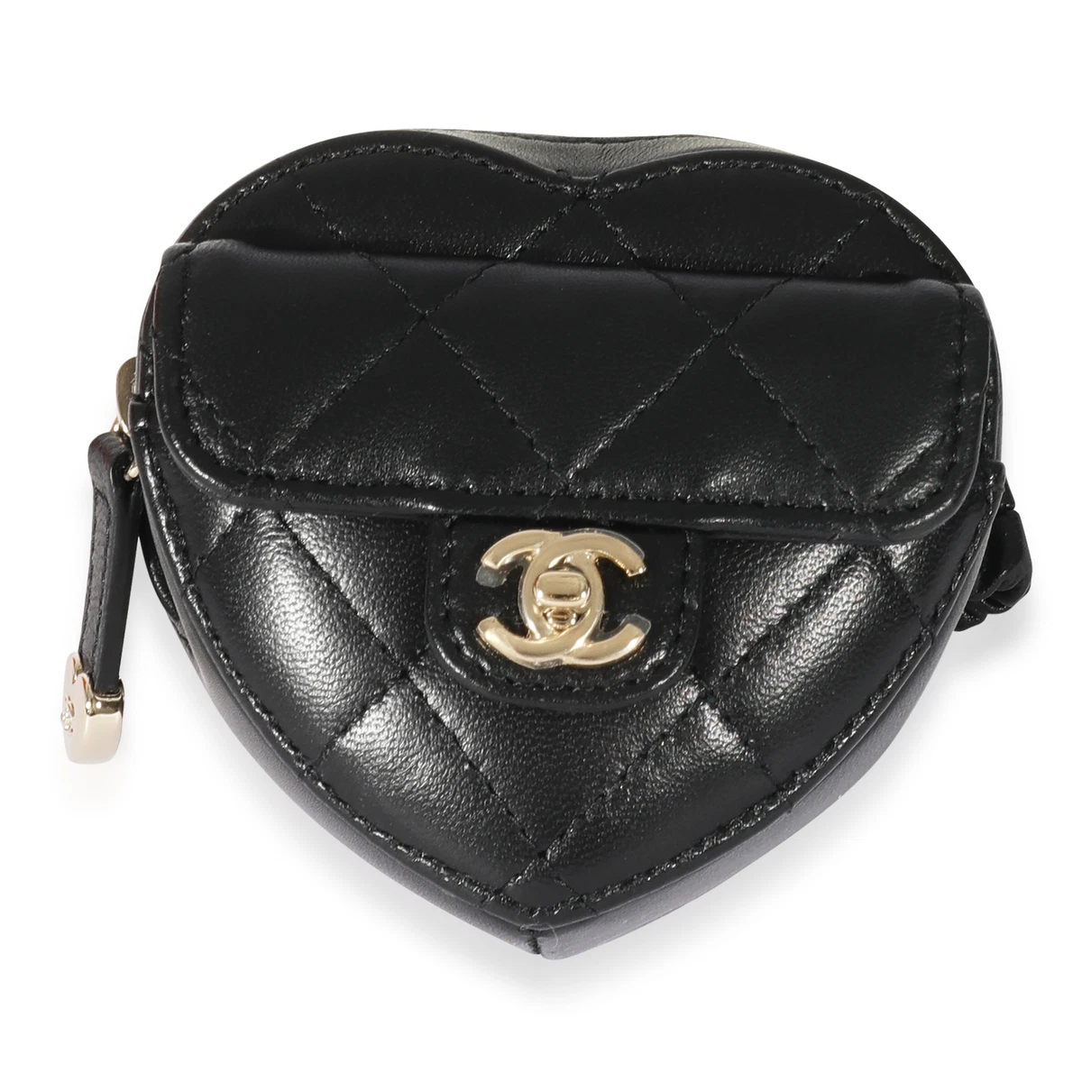 Chanel Black Quilted Lambskin Heart Zipped Arm Coin Purse