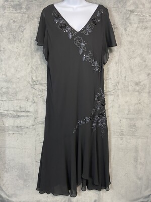 Vintage Adrianna Papell 22W Black Floral Beaded Fairy Dress Sharkbite Hem  Sheer | eBay