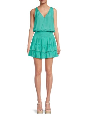 NWT Ramy Brook Womens Teal Smocked Tiered Bambi Mini Dress M $425
