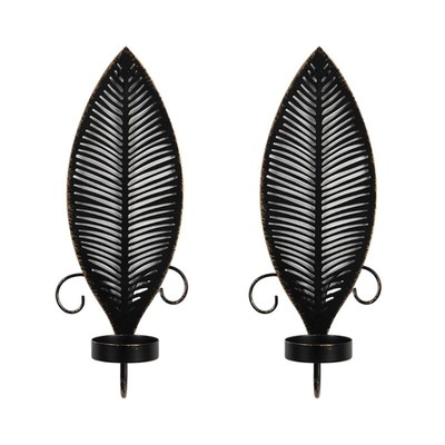 2PCS Elegant Black Metal Wall Sconces, Leaf Shape Decorative Candlestick