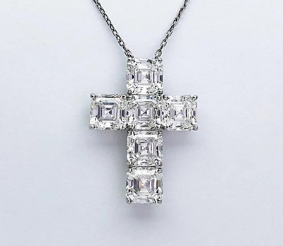925 Sterling Silver 3 mm Asscher Cut White Moissanite Cross Pendant with Chain