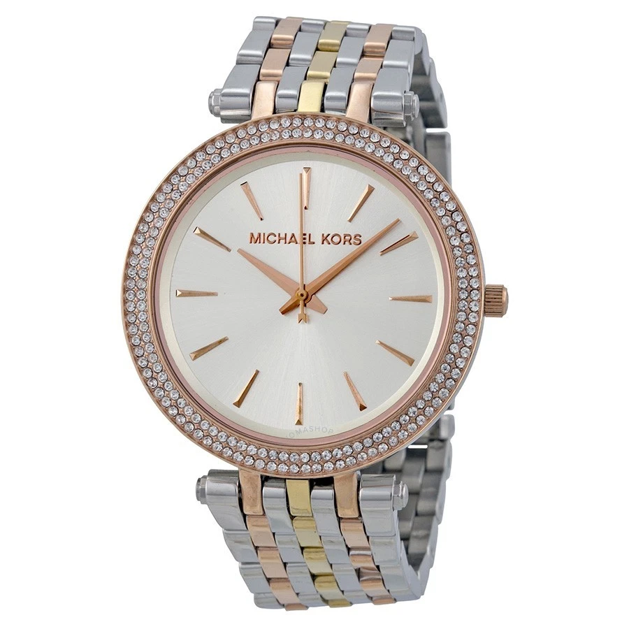 MICHAEL KORS DARCI TRI 3 TONE SILVER GOLD ROSE GOLD PAVE BRACELET