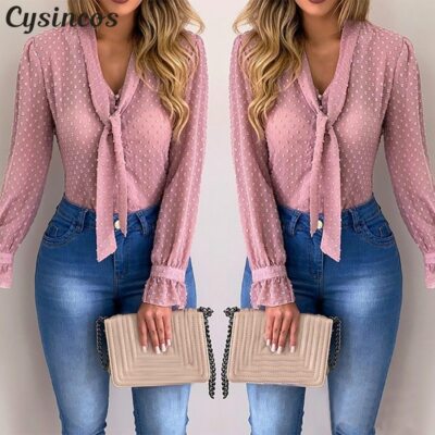 Blusas De Gasa Para Mujeres Moda Elegante Manga Larga Cuello V Camisa De  Oficina | eBay