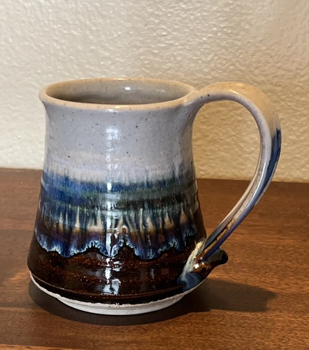 Vtg Handthrown Studio Art Pottery Mug Signed Drip Gray Blue Brown Signed ‘86