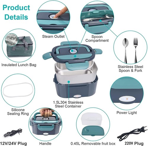 XREXS Contenitore per il pranzo elettrico, 60 W, 1,5 l, per auto, 3 in 1 (12 V/2 - Afbeelding 4 van 8