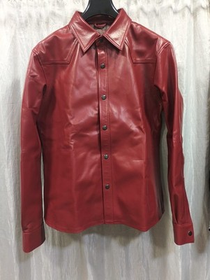 New Men's Red Leather Custom Shirt| Genuine Sheepskin Cafe Racer Leather Shirt M