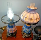 PAIR Vintage 1987 GIM 3088 Hurricane Lamps Blue Floral Milk Glass - Rare Set