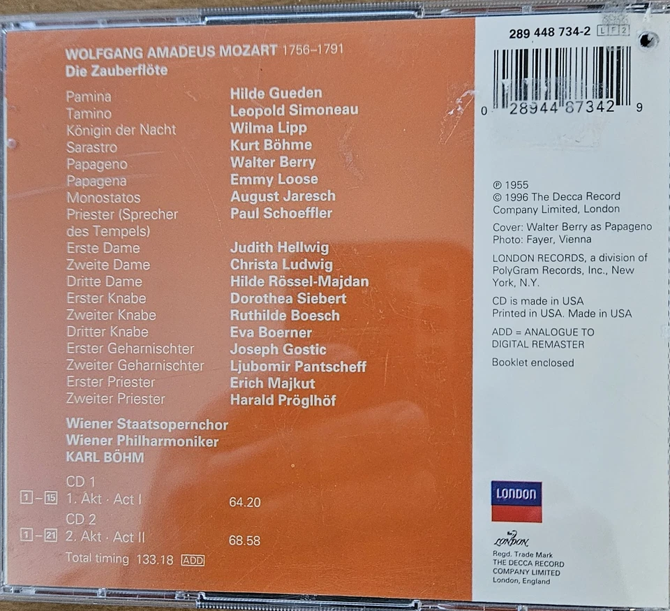Mozart: Di Zauberflote (London 289 448 734-2 2 CDs) Karl Bohm - Imagem 2 de 2