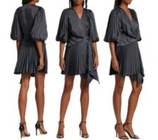 Acler Pleated Wrap Mini Dress US 10 AU 14 Charcoal Gray Puff Sleeve Cocktail