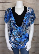 Fashion Bug Womens 2X Plus Blue Black 2fer Tropical Floral Animal Print Knit Top