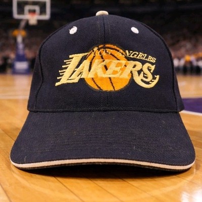 Vintage Los Angeles Lakers Hat Cap Game NBA Hook & Loop Black Embroidered Kolob