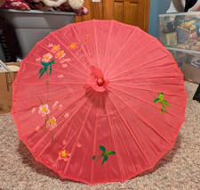 VTG Bamboo and Fabric Umbrella Parasol 1960's Pink with Hand Painted Flowers