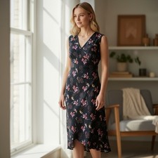 Madewell Dress Womens 10 Black Floral Maxi V Neck Cap Sleeve Keyhole Back
