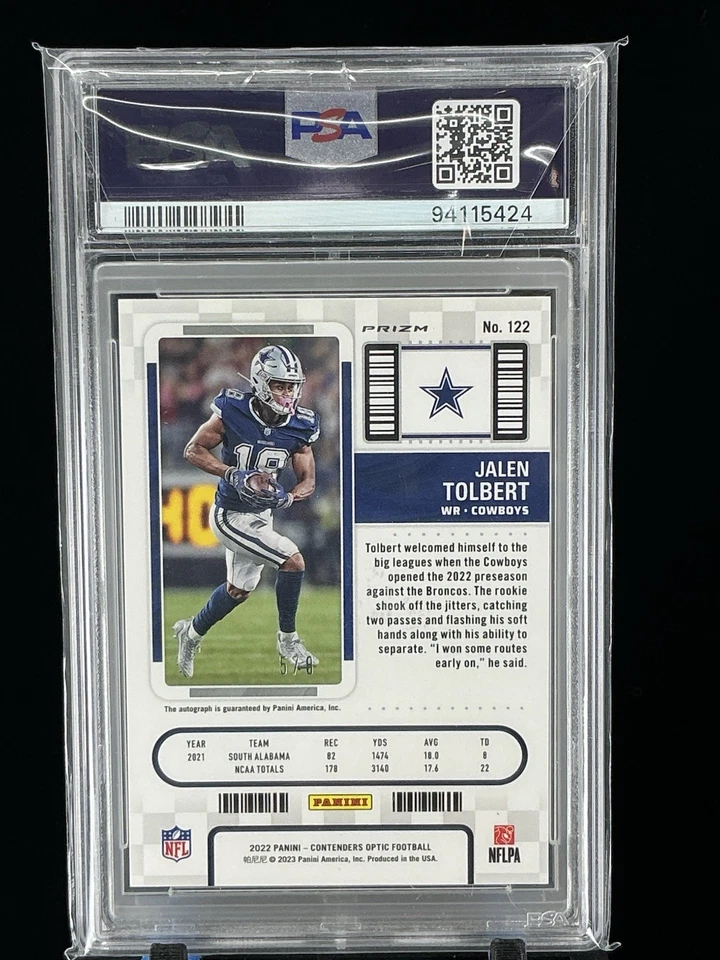 2022 Contenders Optic Jalen Tolbert Black Pulsar Rookie Ticket Auto/8 122 PSA 10 - Image 2 of 2