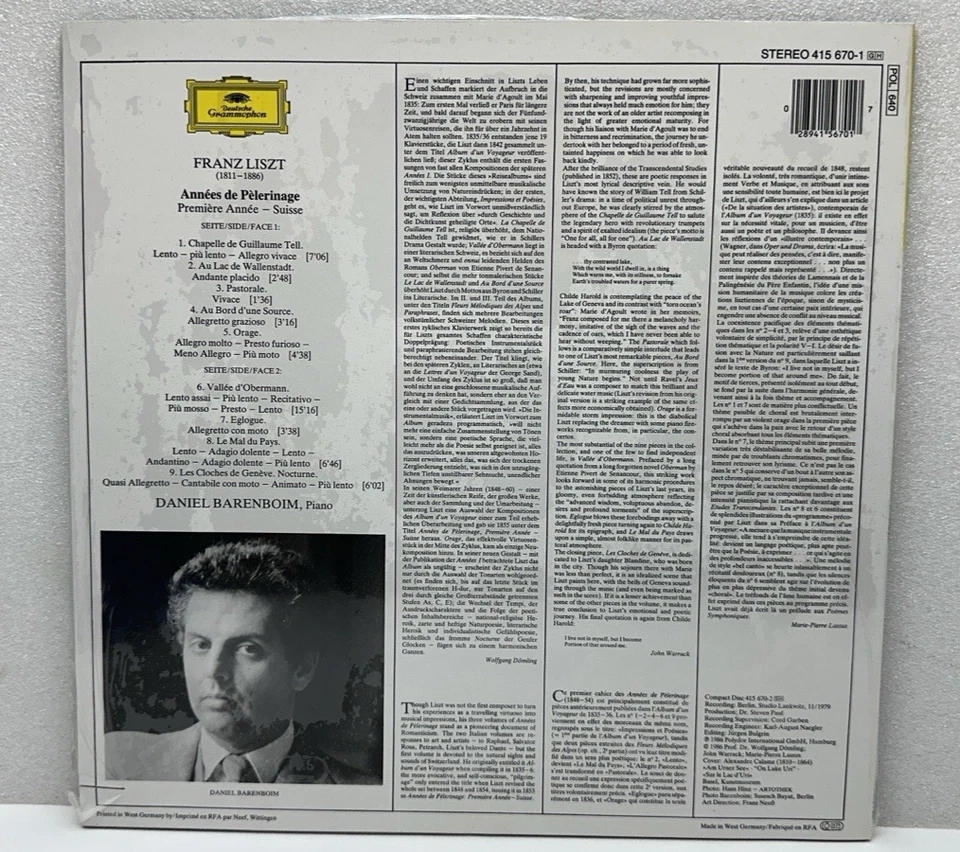 DANIEL BARENBOIM Liszt Annees De Pelerinage DEUTSCHE GRAMMOPHON LP Vinyl Sealed - Image 4 of 4