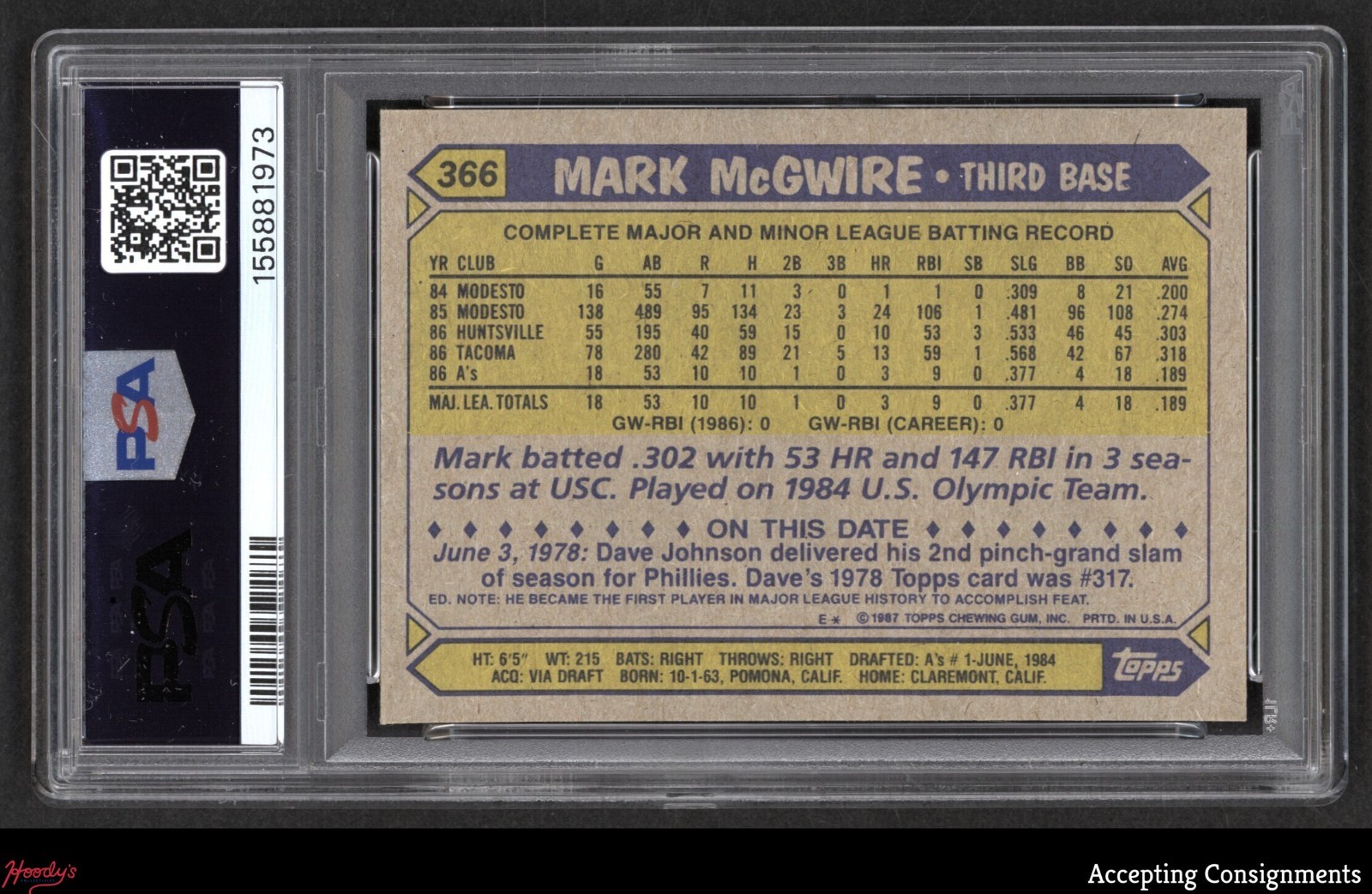 1987 Topps #366 Mark McGwire ATHLETICS PSA 8 NM-MT view 2