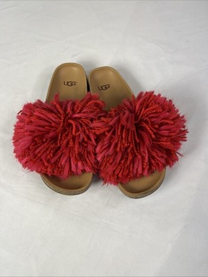 UGG Size 10 Red Cindi Yarn Fringe Cork Sole Slide Sandals Super Unique Look