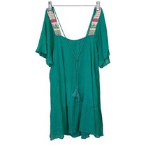 Flying Tomato Boho Short Dress Green Cotton Womens Medium Lined Tassels Lace