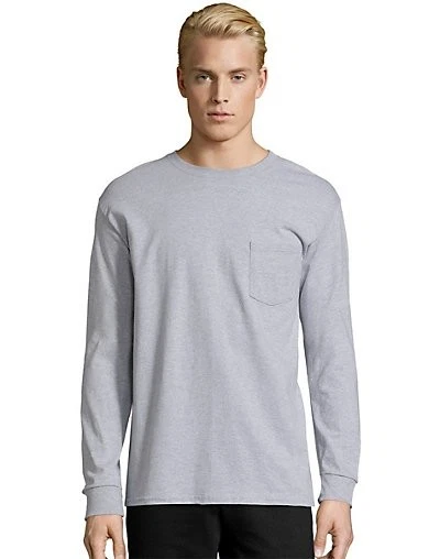 Hanes Long-Sleeve T-Shirt with a Pocket Mens TAGLESS Cotton S-3XL 11 Colors 5596