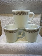 3 Vintage PYREX Coffee Cups WOODLAND #1410 D Handle Milk Glass Brown Flowers USA