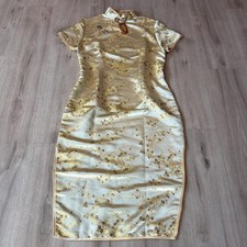 Vintage Eastern Collection Qipao Cheongsam Dress Yello Brocade Floral Satin Sz M