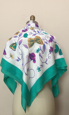 Made in Italy 100 Silk Green Purple White Floral Butterfly Square Scarf -NEW