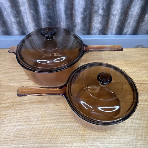 VTG Set Of 2Vision Ware Corning Pyrex Amber Glass Cookware Pots Pan 2.5L 1.5L