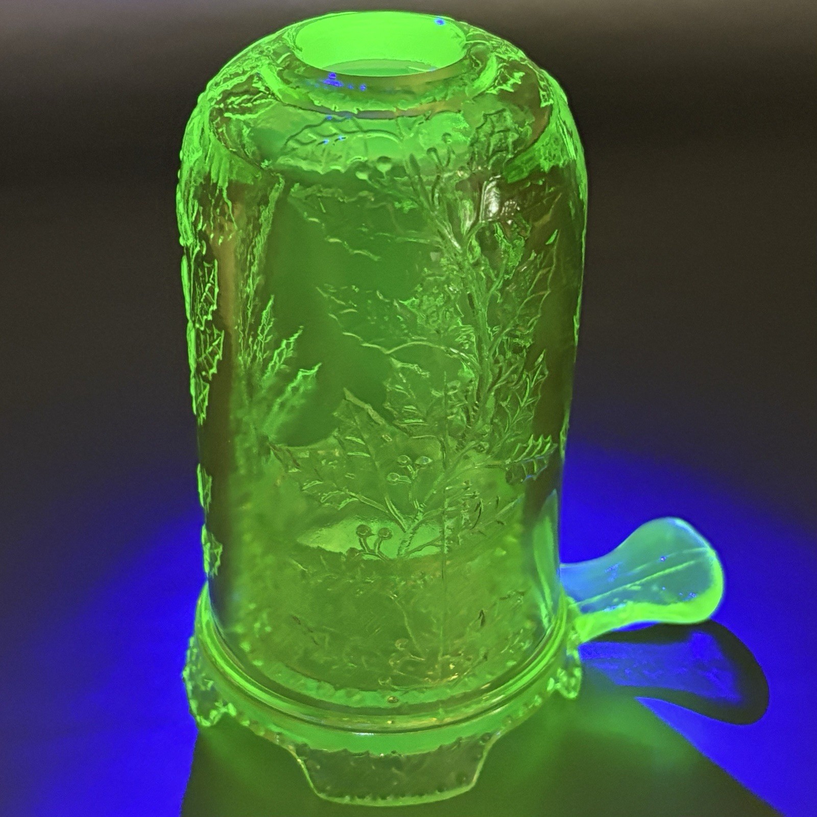 Vintage Mosser Vaseline Uranium Glass Fairy Lamp Holly Berry Pattern UV Glow 2pc