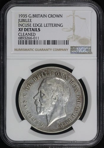 1935 Great Britain Silver Incuse Edge Lett. Jubilee Crown NGC XF Details Cleaned