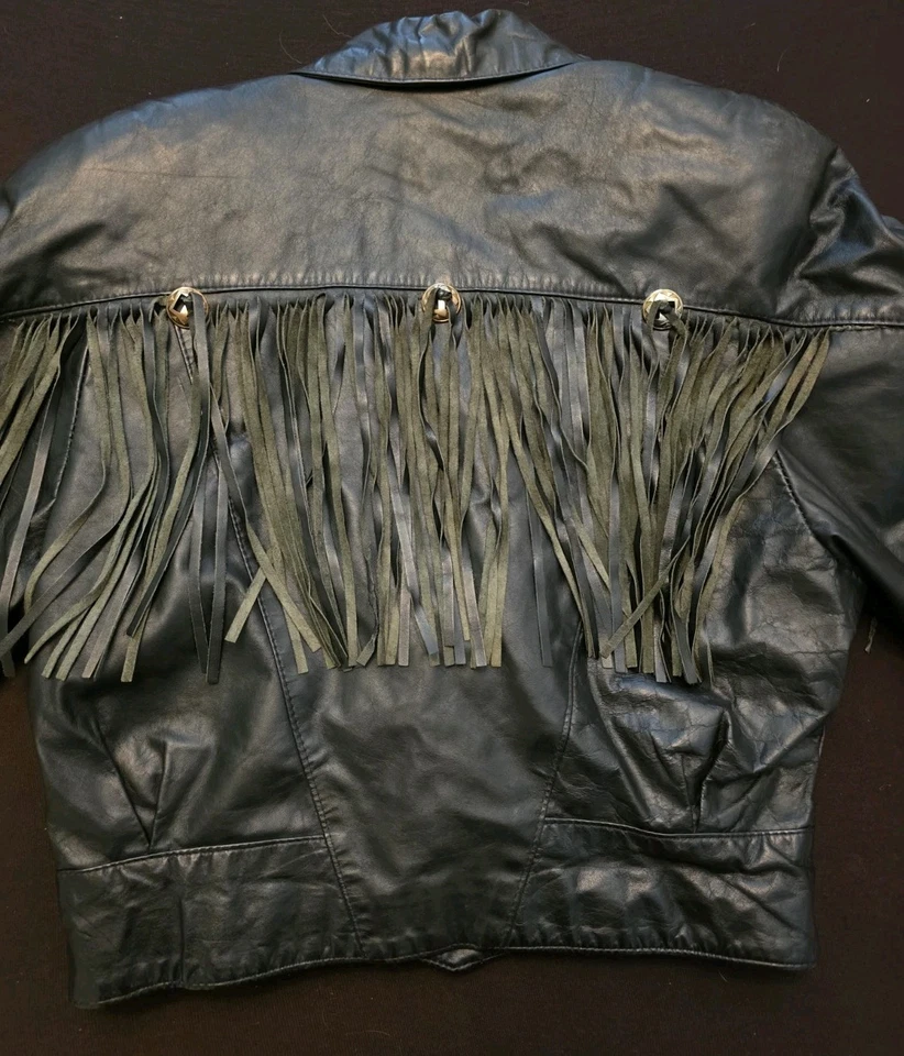 Vintage G-III Black Leather Fringe Jacket Womens Medium* Concho Western Biker US - Image 4 of 4