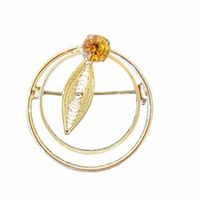 Vintage Gold Double Circle Brooch Leaf Filigree Design Amber Rhinestone 1.25in